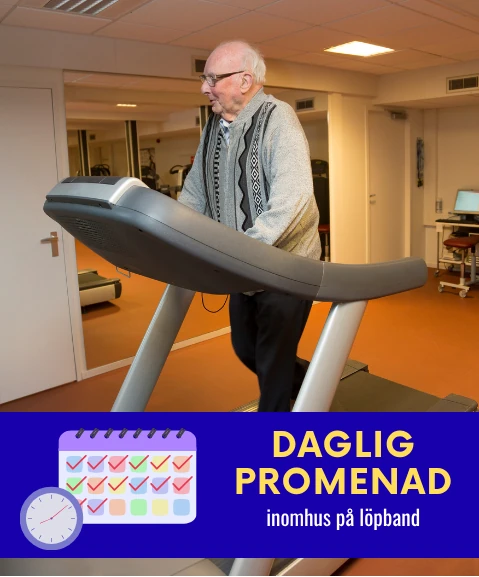 En äldre man tar sin dagliga promenad på gåbandet
