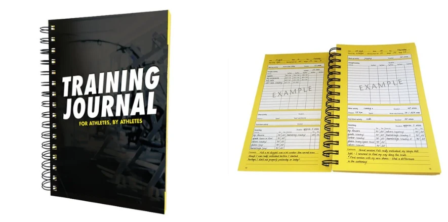 Träningsdagbok från Bonnier Fakta, framsida och ett uppslag